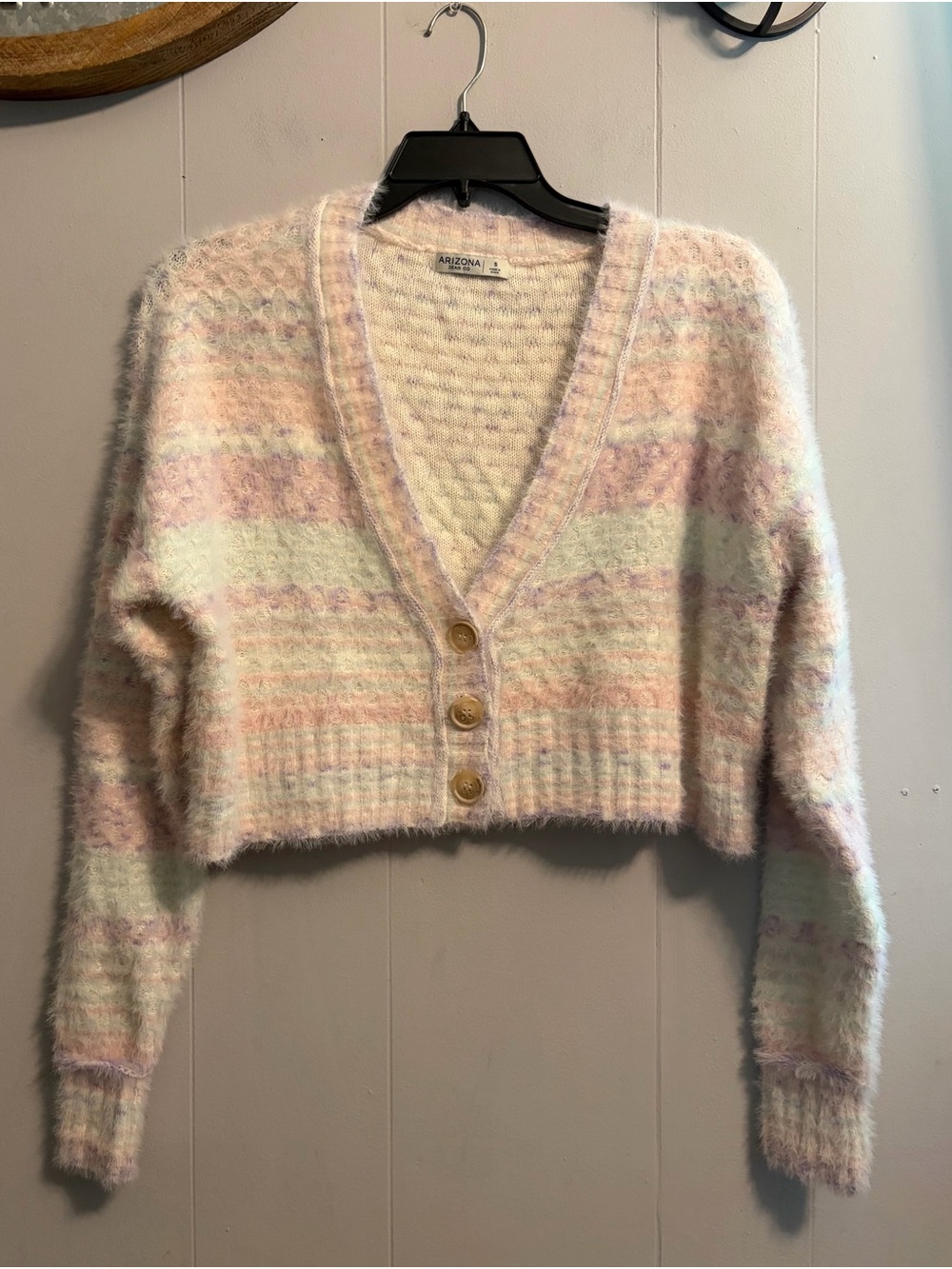 Arizona Jean Company Pastel Striped Cropped V-Neck Cardigan